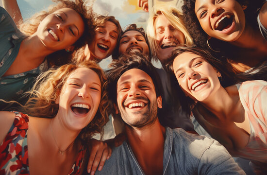 Big group of friends taking selfie picture smiling at camera. Laughing young people celebrating standing outside and having fun.