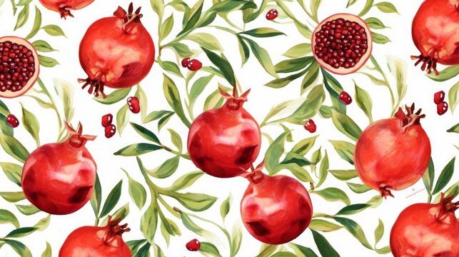 Pattern with vibrant pomegranates on a light background. AI generated