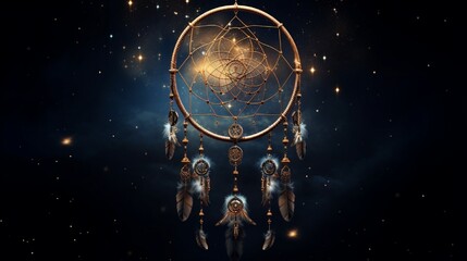 A dream catcher woven with cosmic patterns, floating in the vastness of space, capturing dreams from distant galaxies and celestial wonders. - obrazy, fototapety, plakaty