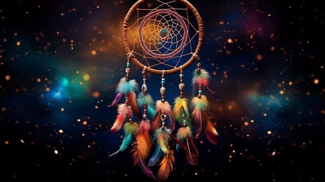 A dream catcher woven with cosmic patterns, floating in the vastness of space, capturing dreams from distant galaxies and celestial wonders.