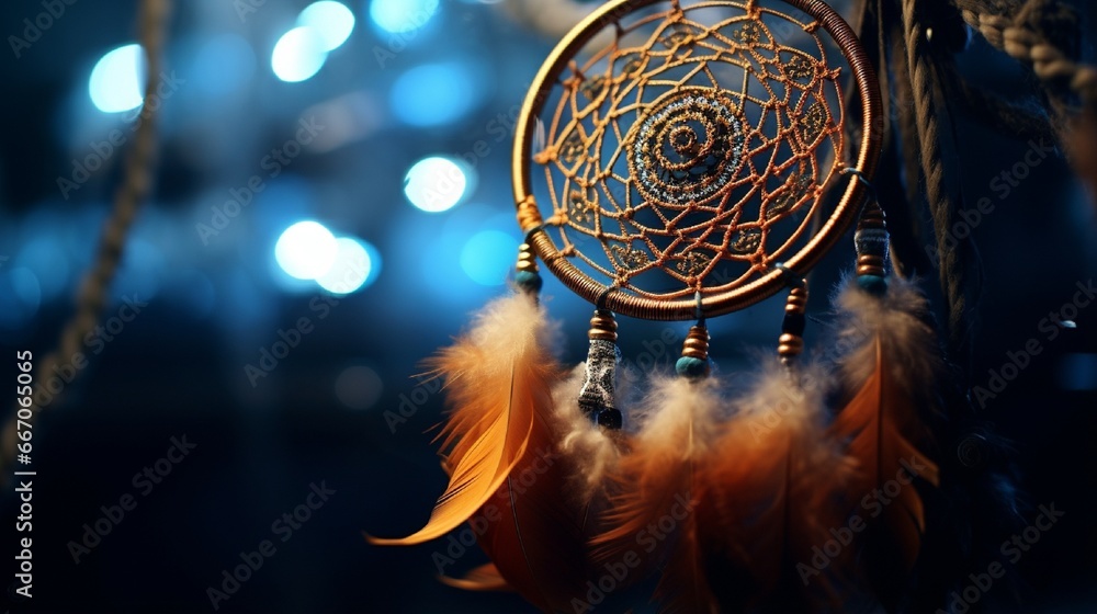 Poster a macro shot of a dream catcher, capturing the fine details of its feathers and beads, creating a me
