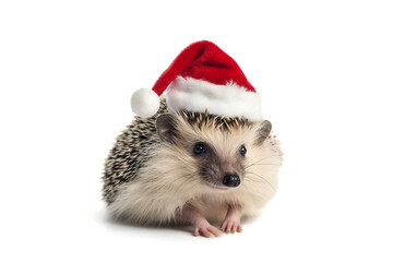 Fototapeta na wymiar A beautiful hedgehog in a Santa Claus hat isolated on white background. AI generated content