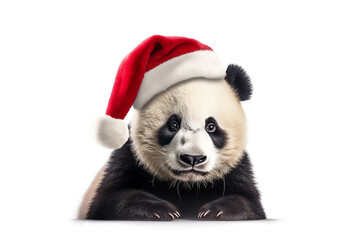Close-up portrait of the giant panda in red Santa Claus hat isolated on white background. New Year...