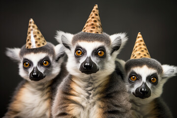 Portrait of three lemurs in birthday hats. Created with the help of artificial intelligence. Close-up. Banner for various creative projects. Exotic animals