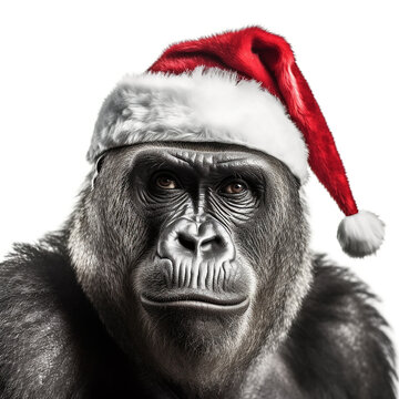 Close up portrait of funny gorilla in red Santa Claus hat isolated on white background. New Year or Christmas concept with wild zoo animal