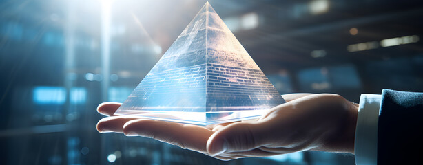 A businessman presents a holographic pyramid displaying a futuristic cityscape, capturing the intersection of business and cutting-edge technology. - obrazy, fototapety, plakaty