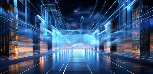 A futuristic representation of cloud data centre. The futuristic design encapsulates cloud computing and modern technological advancements, highlighted by blue hues and digital interfaces.