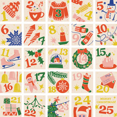 Christmas festive advent calendar with hand-drawn illustrations in linocut style.