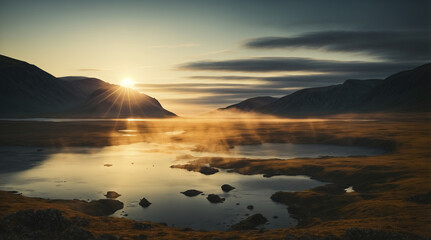 Landscape illuminated by the midnight sun, reflecting the Arctic Circle's phenomenon where the sun remains visible at night - obrazy, fototapety, plakaty