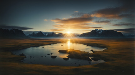 Landscape illuminated by the midnight sun, reflecting the Arctic Circle's phenomenon where the sun remains visible at night - obrazy, fototapety, plakaty