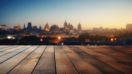 City Skyline Behind a Wooden Table Surface