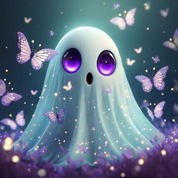 a very happy ghost with cute violet eyes is surrounded by small luminous butterflies as he fades away, 3d render, photo, poster