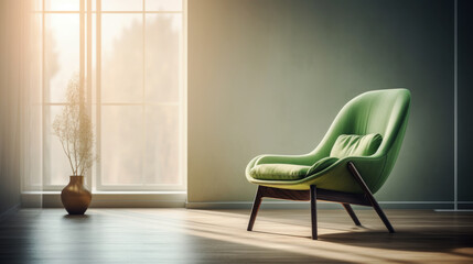 Seventies green chair in modern bright interiors apartment Living room mockup illustration 3D rendering computer generated image. Ai generative.