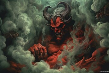 Dark and ominous religious illustration featuring devil, demons, clouds, and smoke, depicting a horror-infused hell with strong colors. Generative AI