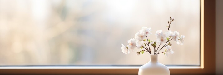 A vase of flowers graces the windowsill, in line with the minimalist style that combines ceramics, wood, beige tones, and a minimalist environment
