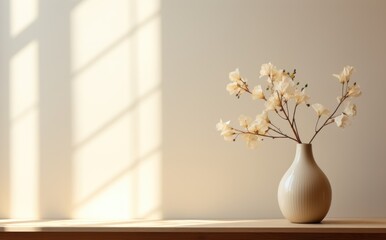 A vase with flowers graces the windowsill, embracing a minimalist aesthetic with ceramics, wood, beige, and minimalist surroundings