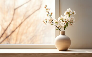 Positioned on the windowsill, a vase filled with flowers adheres to the minimalistic style featuring ceramics, wood accents, beige shades, and minimalist surroundings