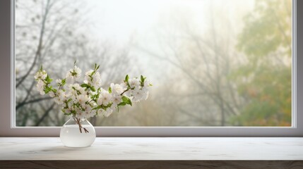 The table is adorned with white blossoms