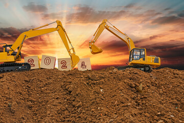 Concept Happy new year 2024,crawler excavator in construction site .on sunset backgrounds - obrazy, fototapety, plakaty
