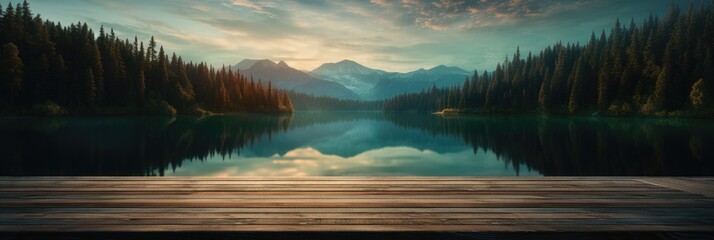 A wooden surface placed beside a serene lake