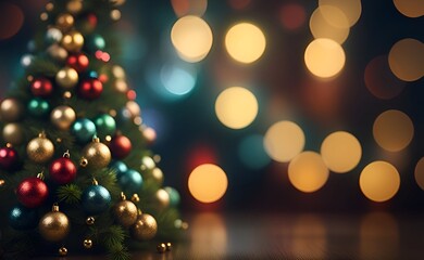Obraz na płótnie Canvas Christmas tree with balls and bokeh lights.