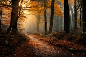 Rustic Forest autumn view. Orange nature season. Generate Ai