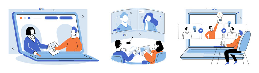 Conference group meeting. Vector illustration. Talking and sharing ideas are crucial aspects productive meetings Tables serve as platforms for discussions and presentations Presentations convey
