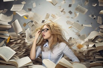 Stressed girl, information overload, books, student, schoolboy teaching homework. Information age stress concept. ai generated. - obrazy, fototapety, plakaty