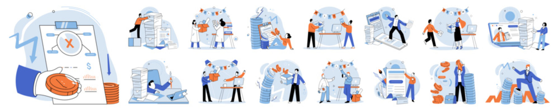 Paperwork. Vector illustration. Bureaucracy adds unnecessary complexity to paperwork process A report needs to be prepared for companys financial information The desk looks messy with scattered papers