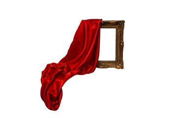 red satin fabric, unveiling a golden brown frame, motion blur levitating isolated on white...