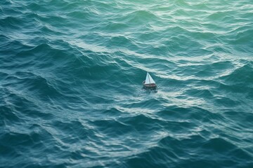 a solitary paper boat sails through the sea waves. Generative AI