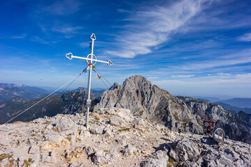 Fototapeta na wymiar summit of Brana peak (2253 m), Kamnik-Savinja Alps, Slovenia, Central Europe,