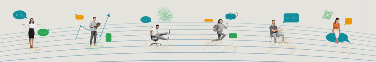 Colleagues concept collage collection businesswoman boss speaking dialogue man partner work...