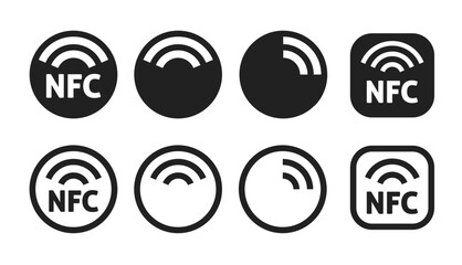 NFC icon symbol vector sticker pictogram graphic simple set, wireless contactless signal wifi technology glyph solid and line outline linear stroke label, remote radio antenna transmission sign image - obrazy, fototapety, plakaty