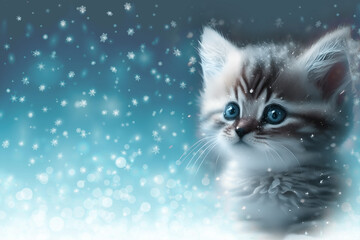 A small kitten with blue eyes sits in the snow. New Year card.