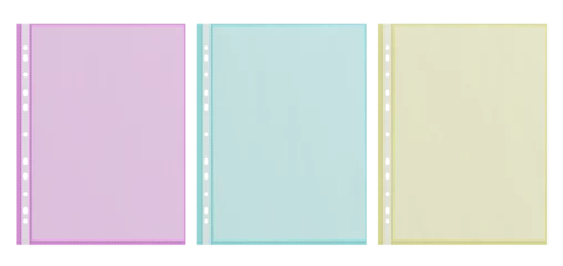 Foto op Canvas drei bunte transparente Prospekthüllen mit leeren Papierblättern © blobbotronic