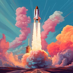 space shuttle takeoff with colored bright clouds retro style