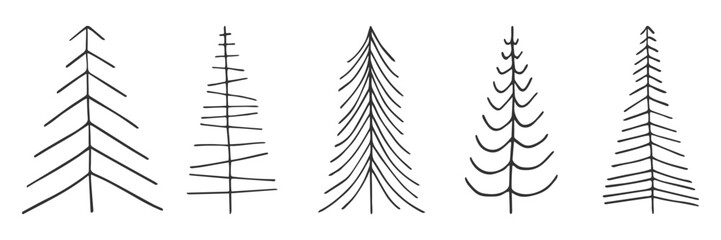 Hand drawn doodle Christmas tree set. Black line drawing spruce pine fir isolated on white. Minimalist design element for winter holiday