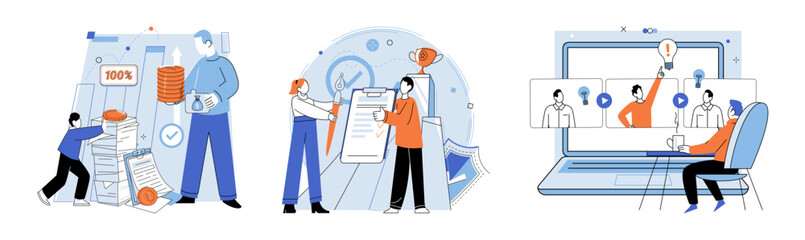 Established business. Vector illustration. Cooperation among employees is crucial for achieving business goals Finance plays vital role in business operations and growth Growth is objective