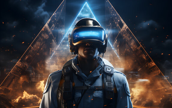 A tech-enhanced person dons an illuminated helmet with a visor with a digital interface.
