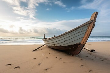 Fototapeta na wymiar a boat on sandy beach next to ocean. Generative AI