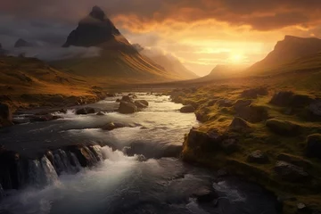Gordijnen Stunning landscape with golden hour lighting, waterfall, mountains, and river. Generative AI © Aidenyas