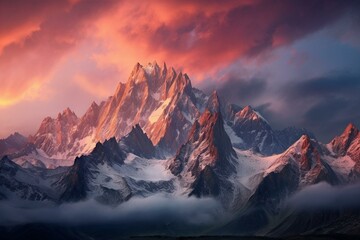 Breathtaking dusk scenery with majestic mountains. Generative AI