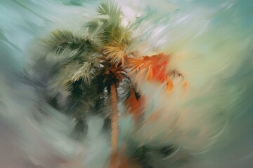 Blurry palm tree in midst of hurricane. Generative AI