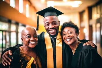African American student celebrates graduation with his family. success and education event Diversity, smile and excited graduates celebrate at happy campus, university goals, family and education 