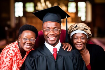 Fototapeta premium African American student celebrates graduation with his family. success and education event Diversity, smile and excited graduates celebrate at happy campus, university goals, family and education 