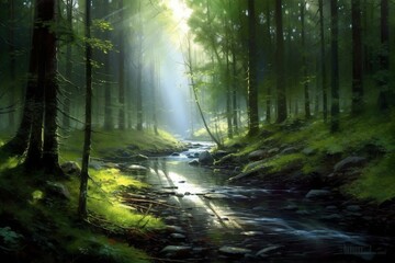 A forest river painting. Generative AI