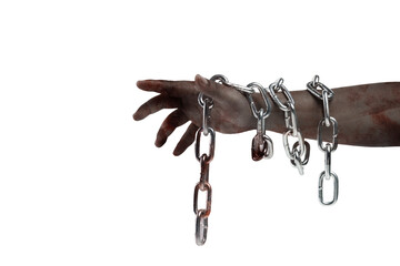 The hand of a scary zombie with blood and wounds tied on the iron chain
