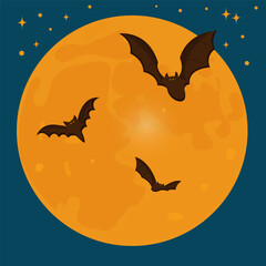 Retro Halloween flyer card with moon and bats. Autumn Halloween scene. Stock vector brochure illustration
