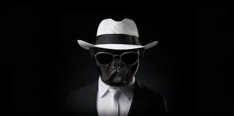 Cool French bulldog in suit and white hat - obrazy, fototapety, plakaty
